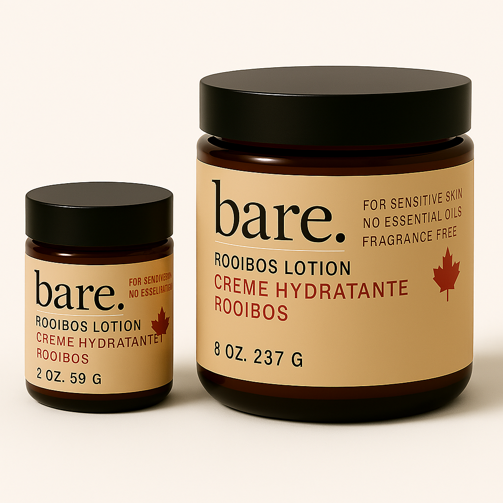 Two jars of 'bare' rooibos lotion on a beige background