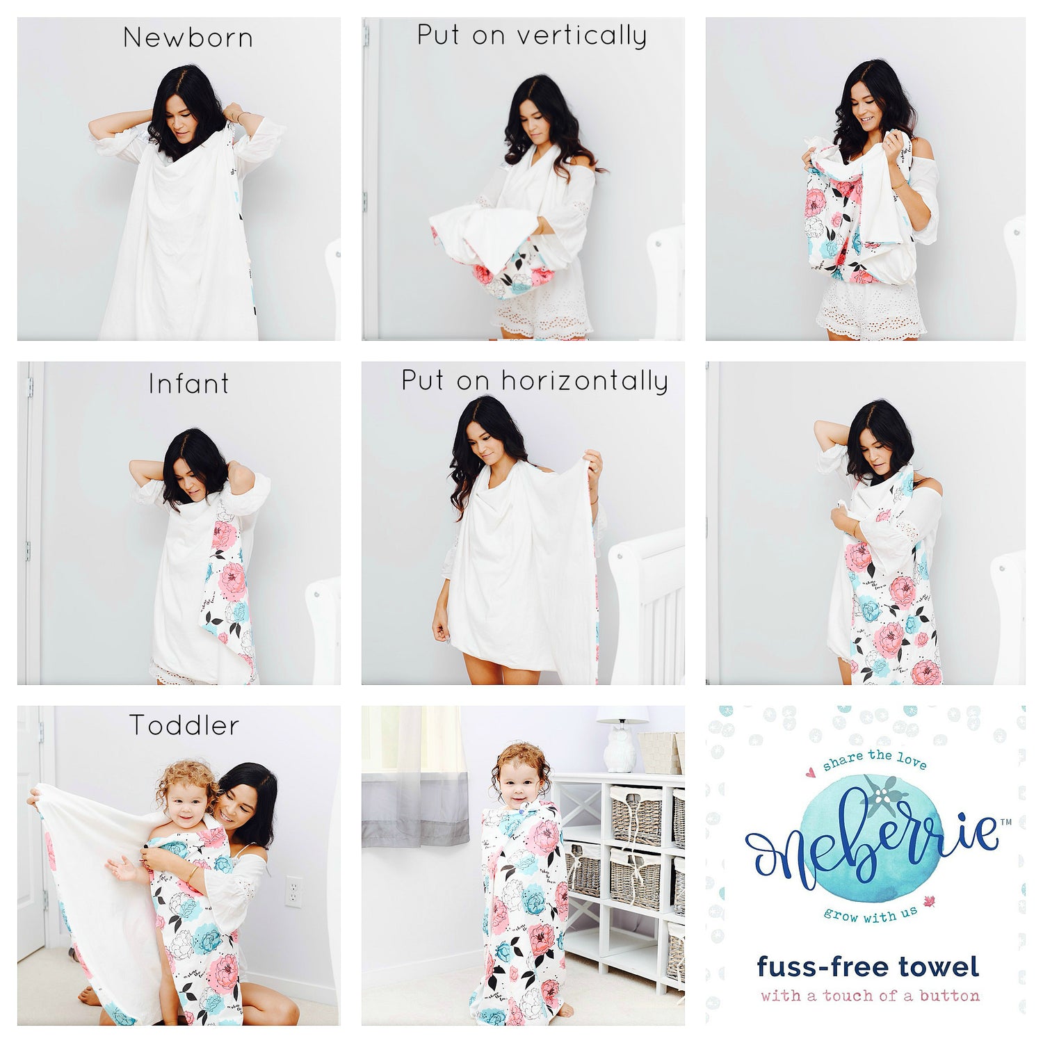 Woman and child using the oneberrie baby towel in a three ways