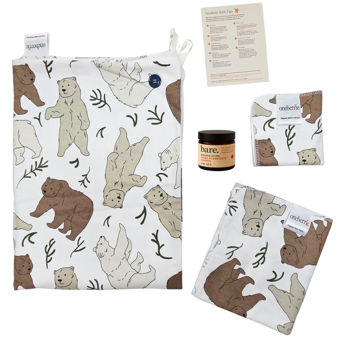 Three bear patterned set on a white background. Set includes towel, washcloth, swaddle, 2oz lotion and card. Print includes a grizzly, polar bear and brown bear with green detail.