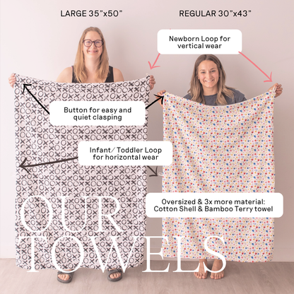 Two women holding up patterned baby towels to show size and design options, with text labels indicating large 35"x50" and regular 30"x43" sizes, plus callouts for loops and material.
