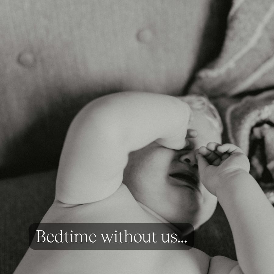 Bedtime without us: a baby crying, rubbing their eyes