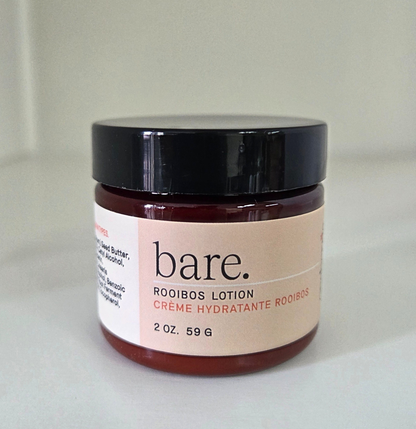 BARE. Rooibos Lotion by Oneberrie — 2oz travel-size amber jar with black lid, front label showing product name in English and French