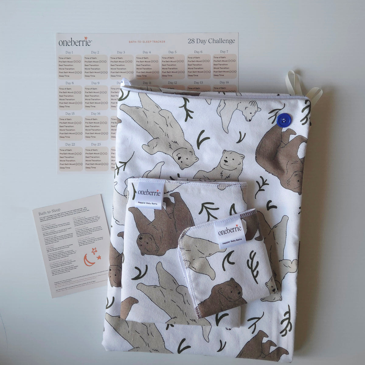 A Bath to Bed Core set by OneBerrie, featuring  Three bears pattern with a grizzly, brown bear and polar bear, a matching bath swaddle, a washcloth, a 28-day challenge tracker sheet, and an instruction card on a light gray background.