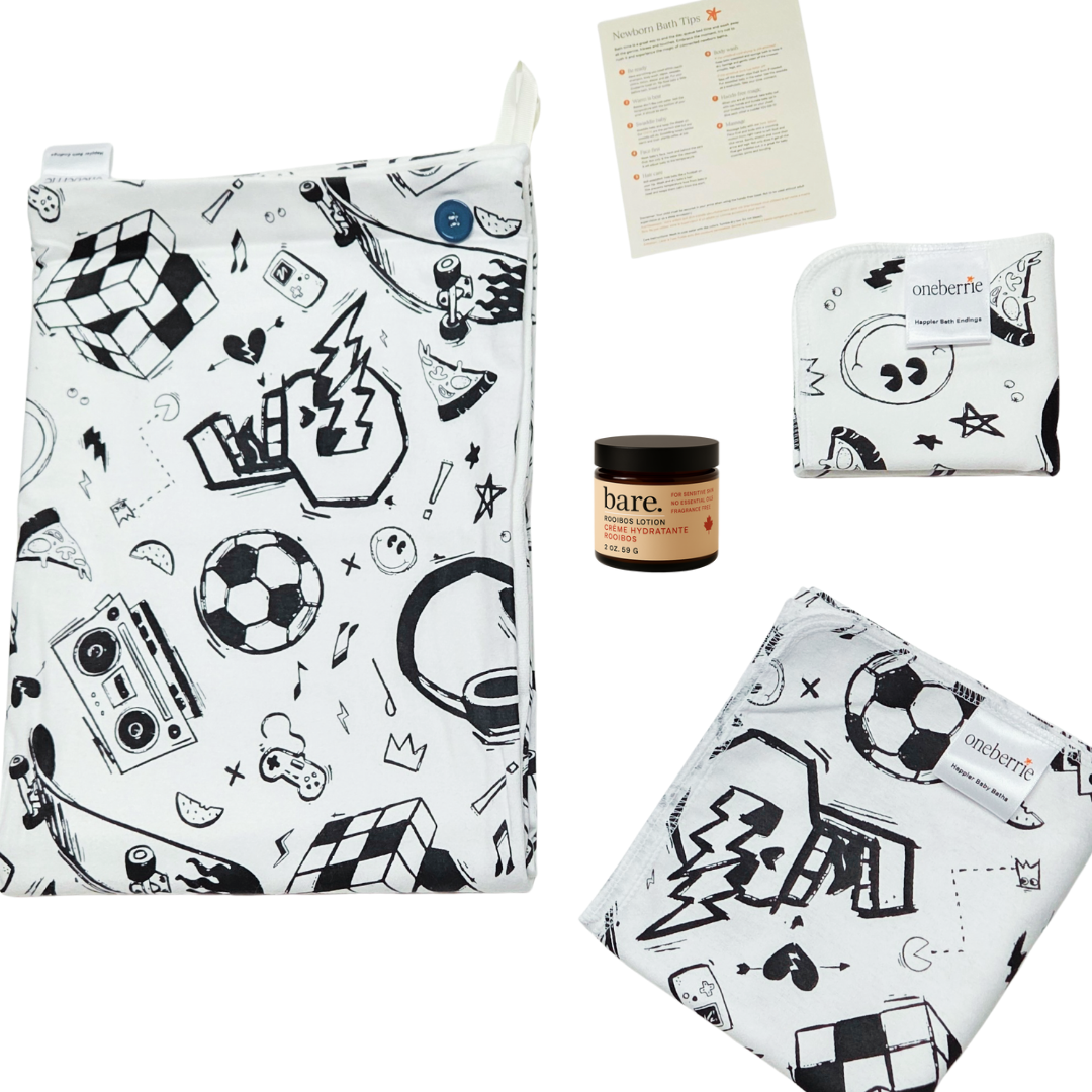 Black and white retro patterned print on a white background. includes skull, skateboard, soccer ball, headphones, boombox, rubix cube and nintendo controller.