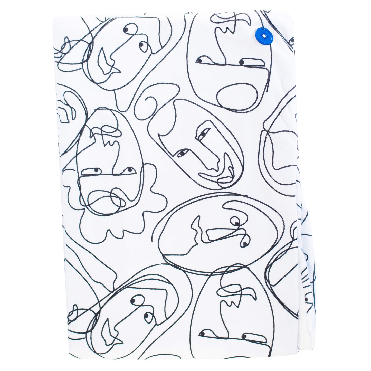 A soft baby towel with a black line drawn faces pattern on a white background