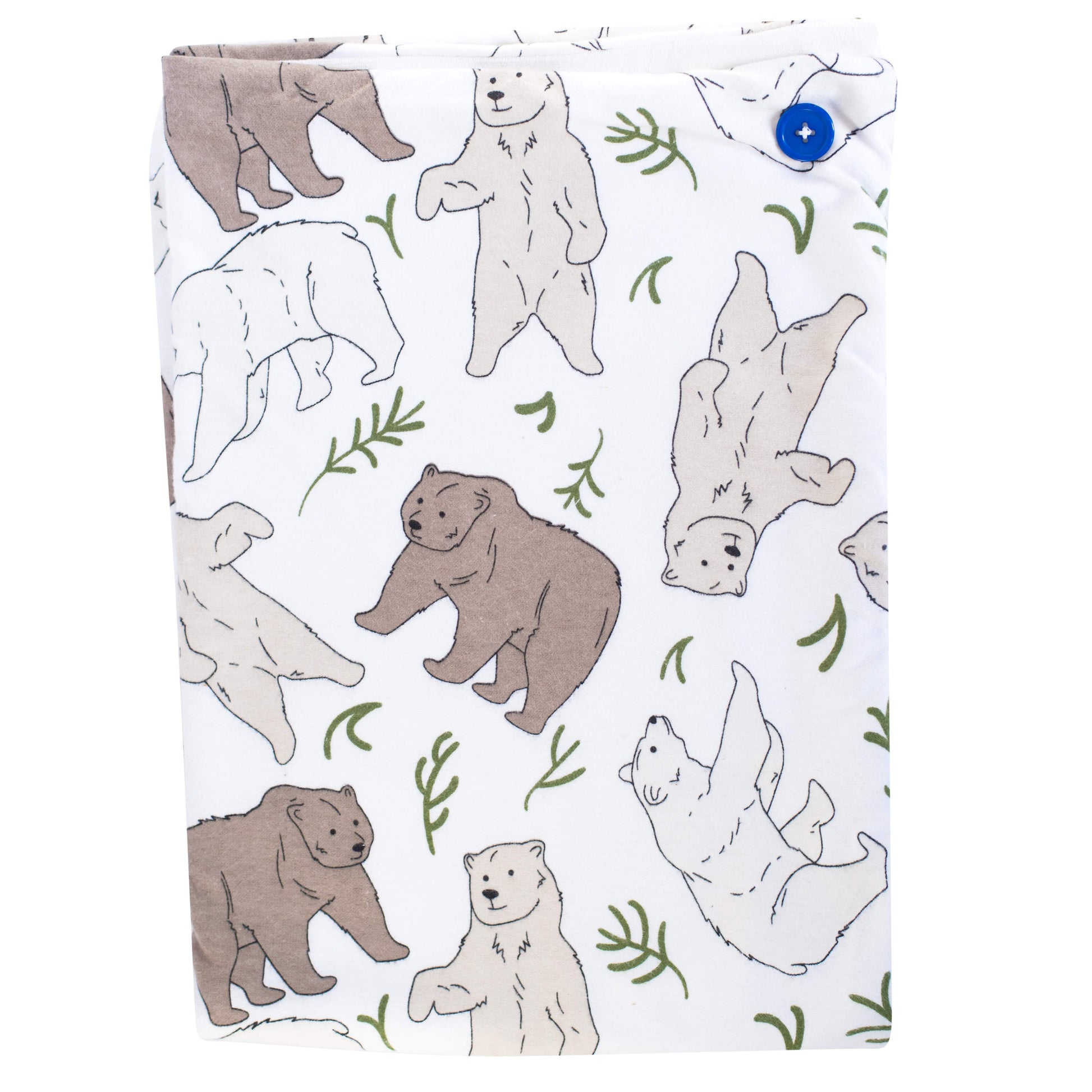 Hands-free baby towel in the Three bears print with a brown bear, polar bear and grizzly bear