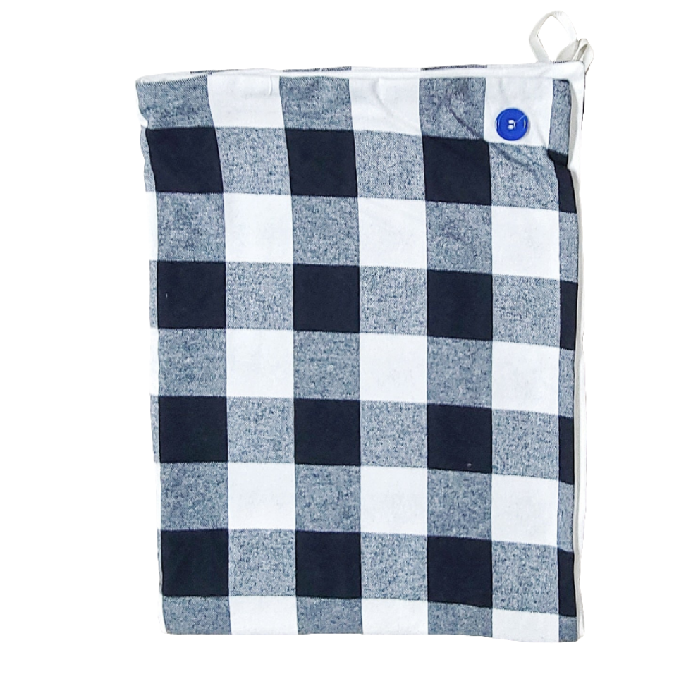 Goodnight towel with a blue button in 2 inch white and black plaid