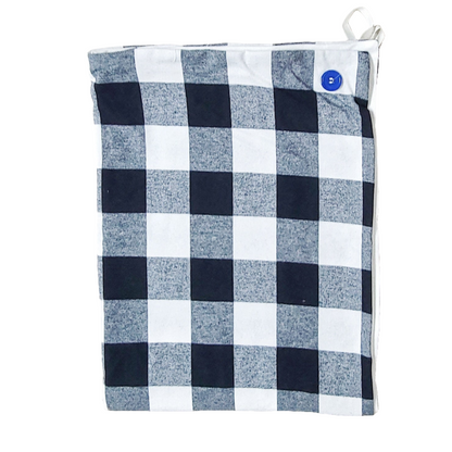 Goodnight towel with a blue button in 2 inch white and black plaid