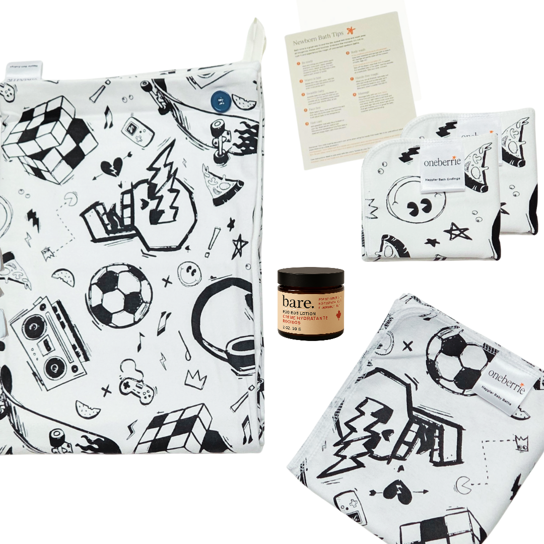 Newborn bath to bed set. Includes towel, washcloth, wipe, bath swaddle and 2oz lotion with a how to bathe a newborn method in retro boy print.