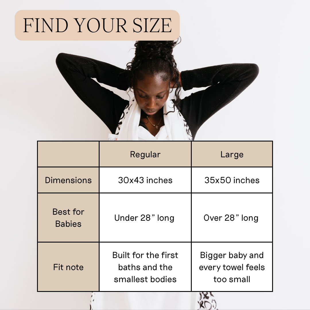 A size guide graphic with a woman at the top under the heading 'FIND YOUR SIZE' and a table below comparing dimensions and fit notes for Regular and Large sizes.