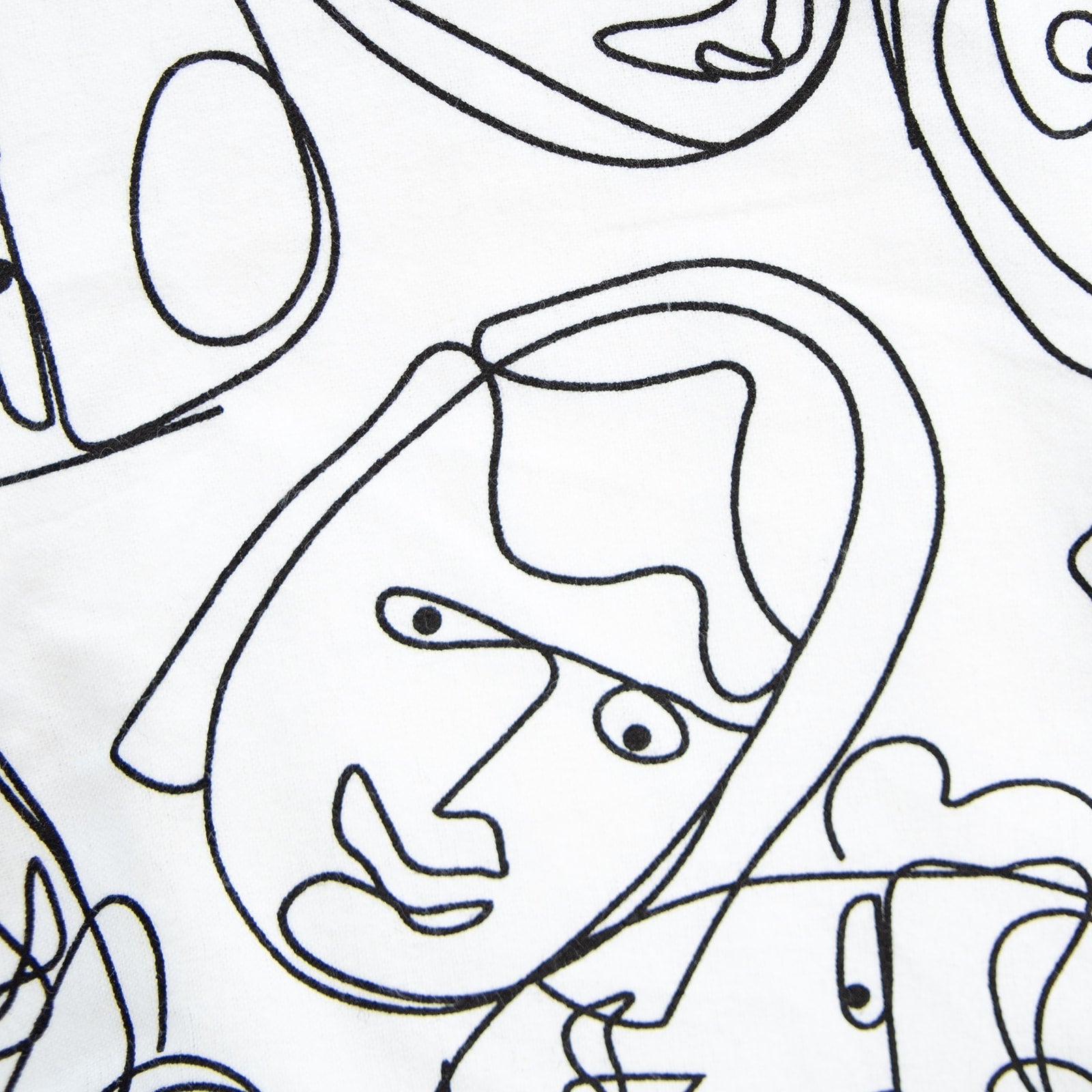Oneberrie Hair Wrap Towel fabric close-up in Graffiti Faces print with continuous black line-drawn abstract faces on white
