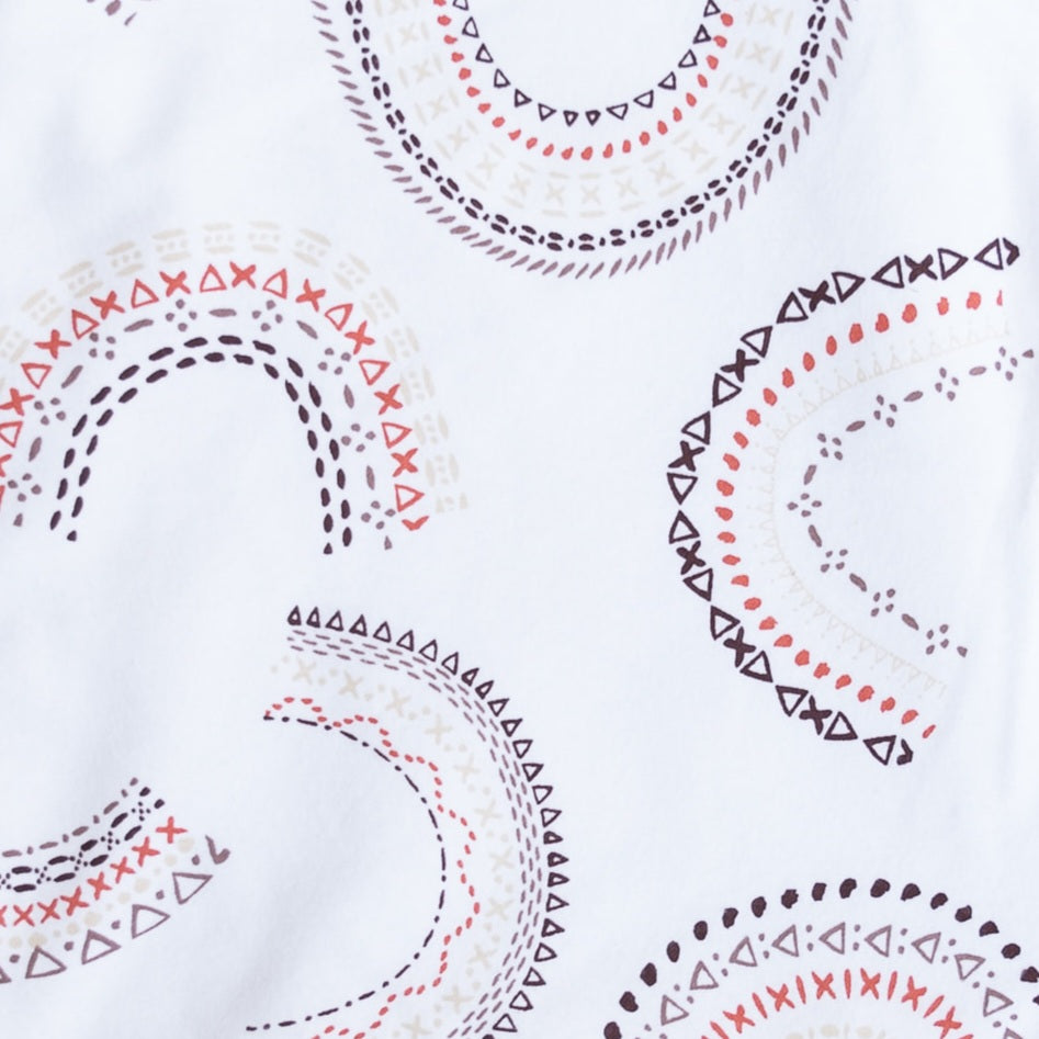 Oneberrie Hair Wrap Towel fabric close-up in Here comes the sin print with geometric rainbows on a white background