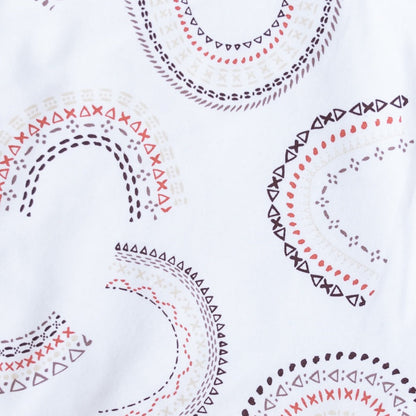 Oneberrie Hair Wrap Towel fabric close-up in Here comes the sin print with geometric rainbows on a white background