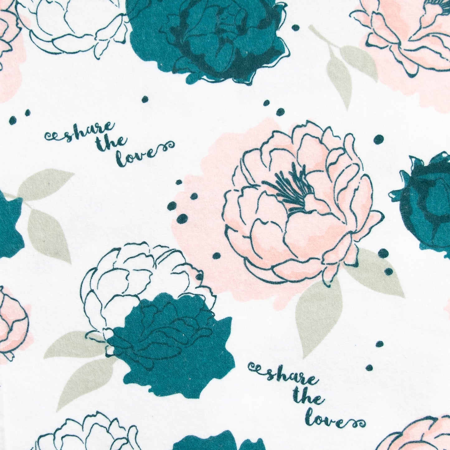 Oneberrie Hair Wrap Towel fabric close-up in Share the Love peony print with teal and blush peonies on white
