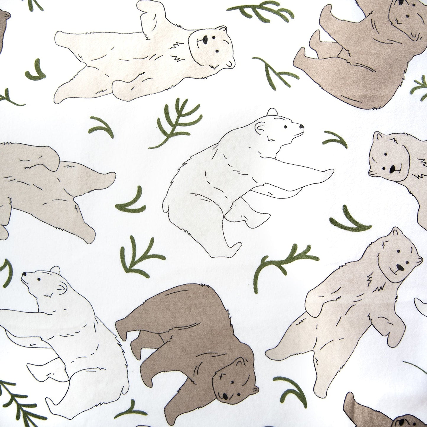 Oneberrie Hair Wrap Towel fabric close-up in Three Bears print with watercolour polar, grizzly and brown bears with green leaves on white

