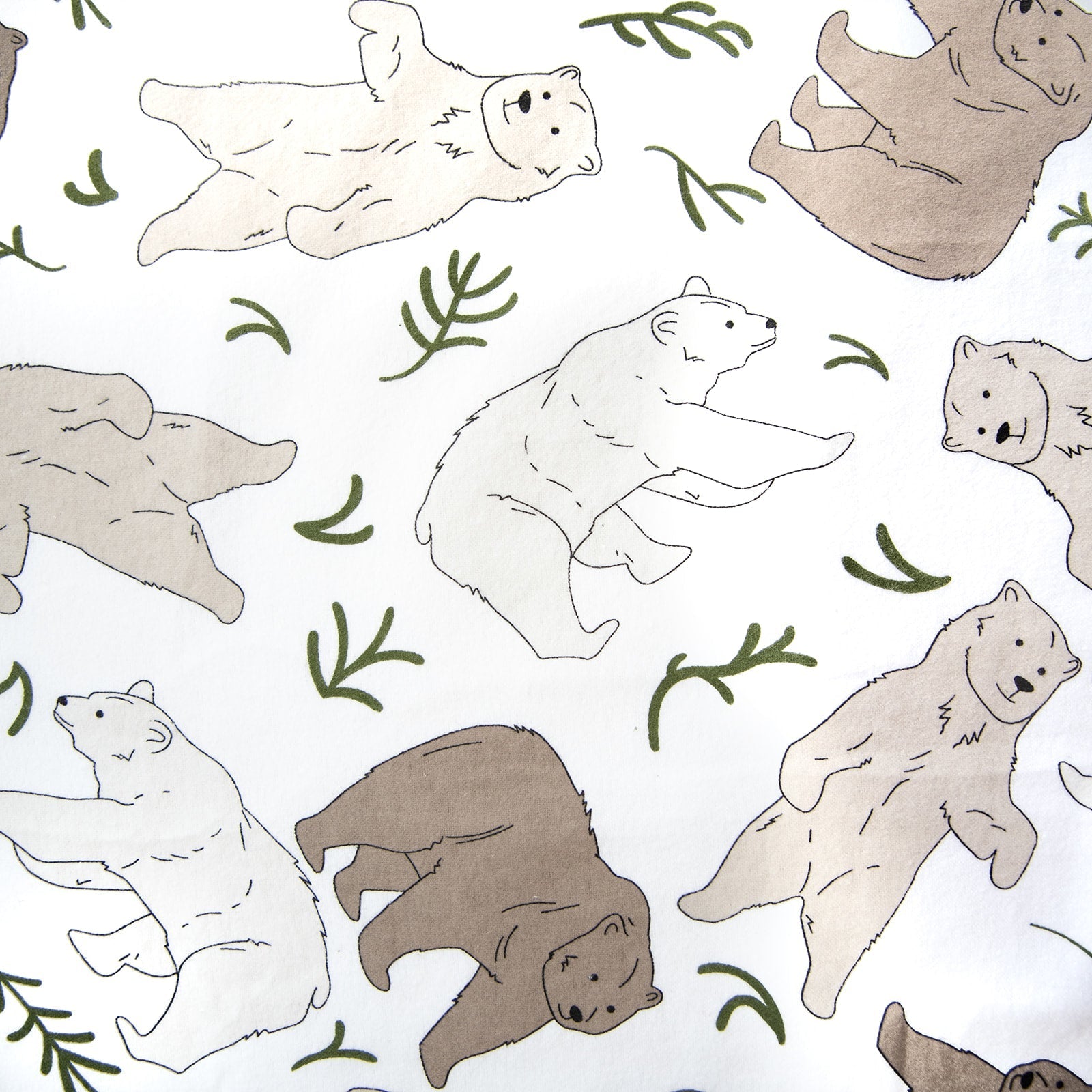 Oneberrie Hair Wrap Towel fabric close-up in Three Bears print with watercolour polar, grizzly and brown bears with green leaves on white
