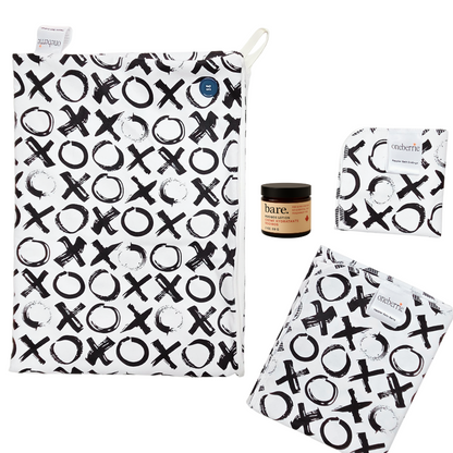 Love you more gift set with black and white XO pattern on a white background