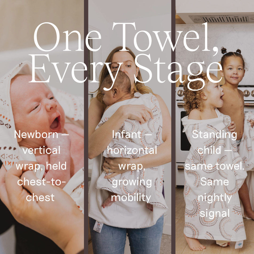 Three-panel lifestyle collage showing a baby wrap towel in use across newborn, infant, and standing child stages, with large white text reading 'One Towel, Every Stage' over a warm beige-toned interior background.