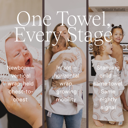 Three-panel lifestyle collage showing a baby wrap towel in use across newborn, infant, and standing child stages, with large white text reading 'One Towel, Every Stage' over a warm beige-toned interior background.