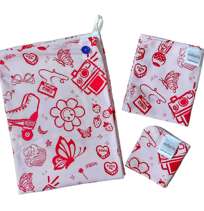 Set of pink lady bundle with red illustrations on a pink background