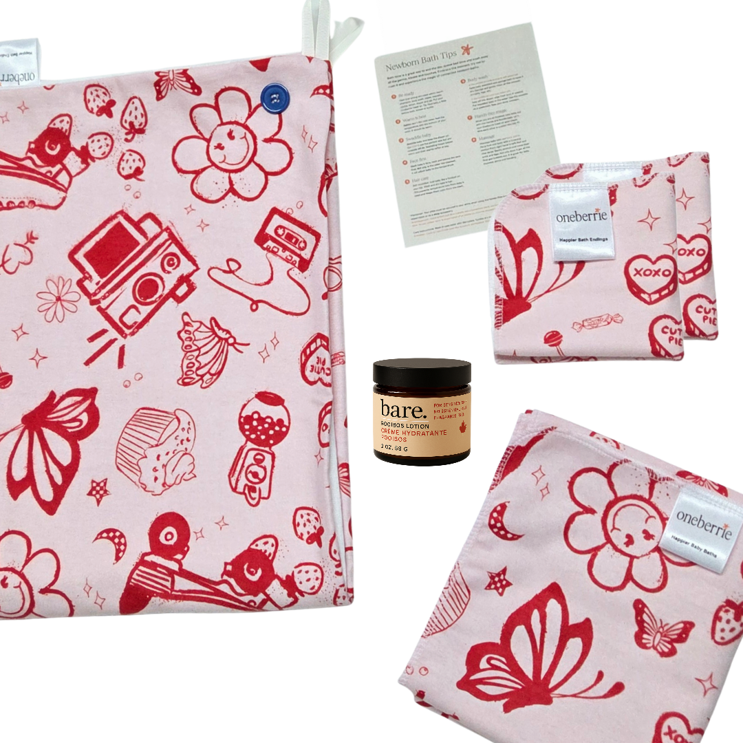 Newborn bath to bed set. Includes towel, washcloth, wipe, bath swaddle and 2oz lotion with a how to bathe a newborn method in retro girl print.