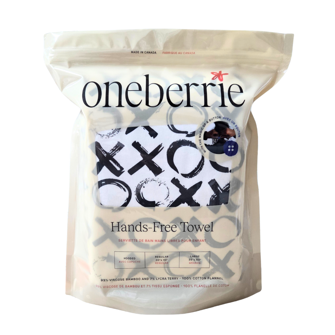 Package of oneberrie hands-free towel with branding and product details.