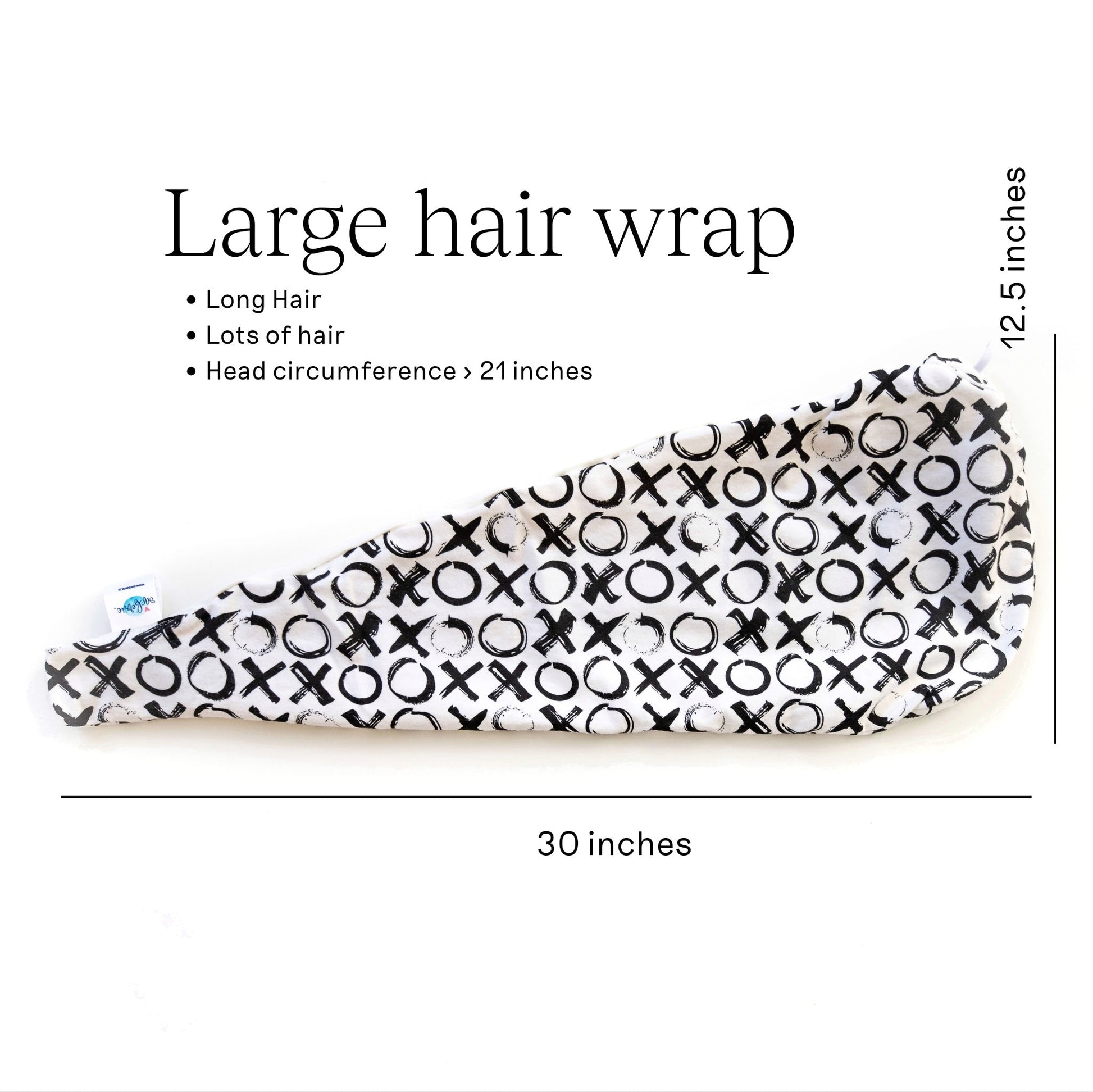 Size guide for Oneberrie Large Hair Wrap Towel — 30 inches long by 12.5 inches tall, suited for long hair or head circumference over 21 inches
