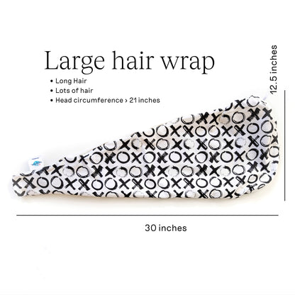 Size guide for Oneberrie Large Hair Wrap Towel — 30 inches long by 12.5 inches tall, suited for long hair or head circumference over 21 inches
