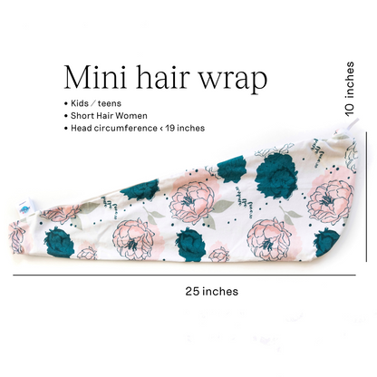 Size guide for Oneberrie Mini Hair Wrap Towel — 25 inches long by 10 inches tall, suited for kids, teens, or head circumference under 19 inches