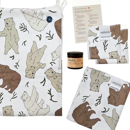 Newborn bath to bed set. Includes towel, washcloth, wipe, bath swaddle and 2oz lotion with a how to bathe a newborn method in Bears print.