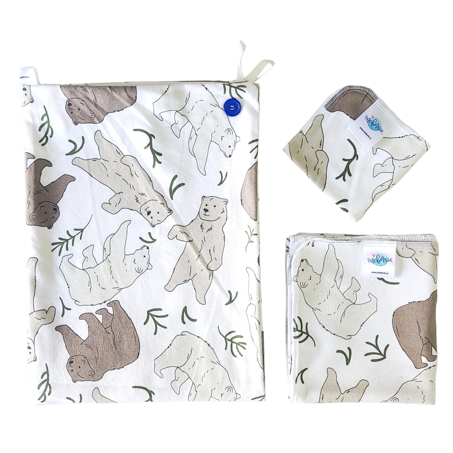Set of baby towel set with three bears pattern on a white background
