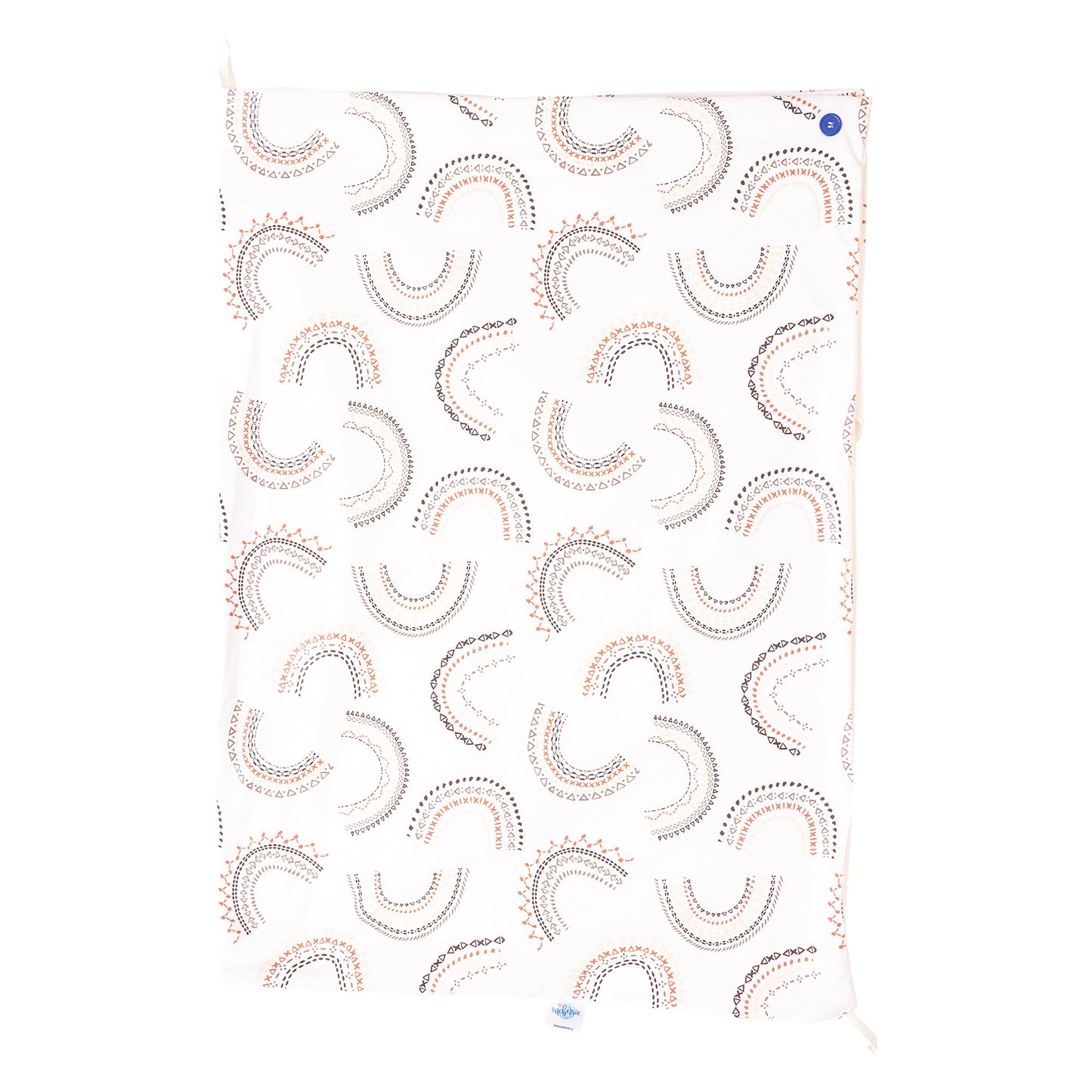 A bamboo baby towel with a geometric rainbow pattern with colors taupe, coral, brown on a white background