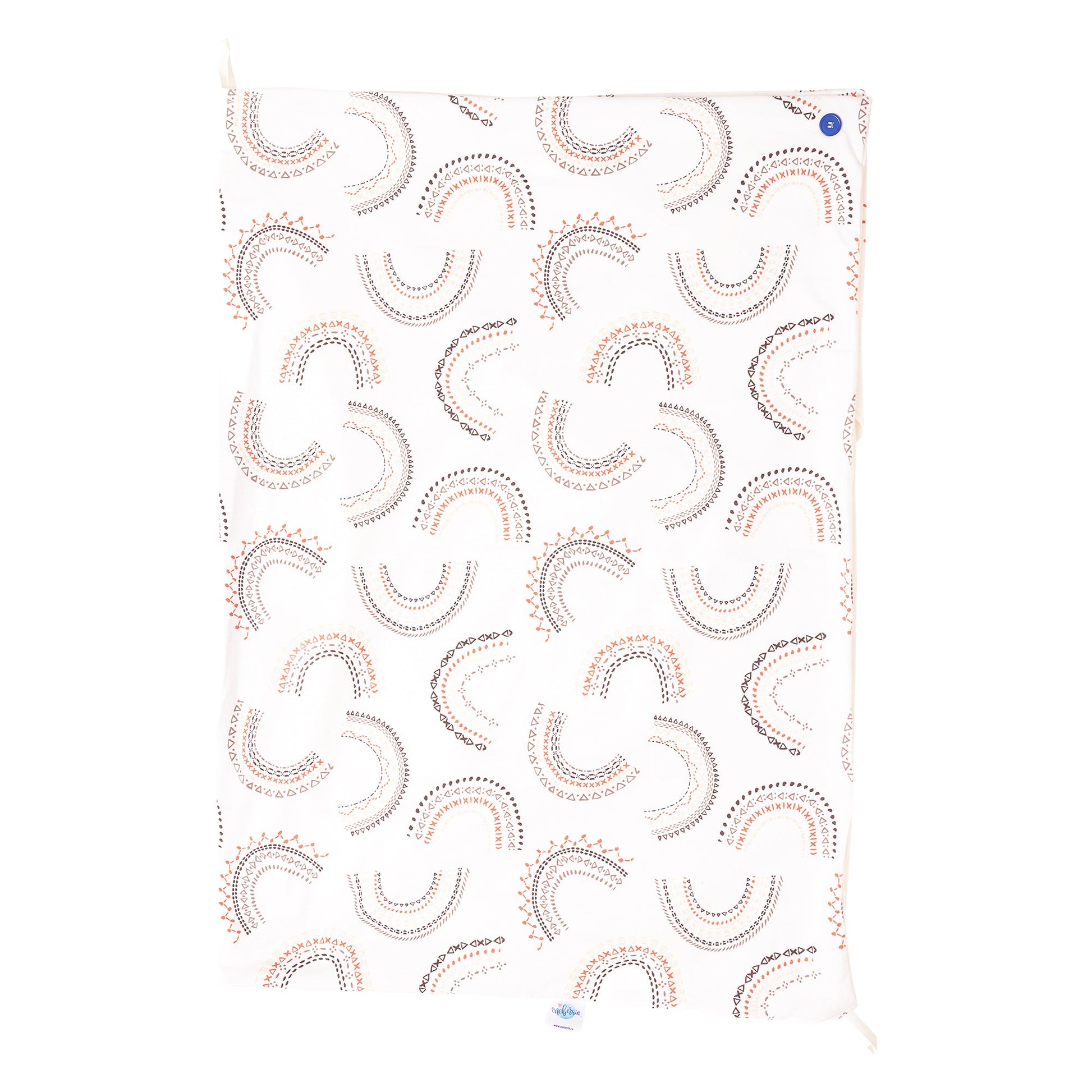 A bamboo baby towel with a geometric rainbow pattern with colors taupe, coral, brown on a white background