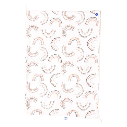 A bamboo baby towel with a geometric rainbow pattern with colors taupe, coral, brown on a white background