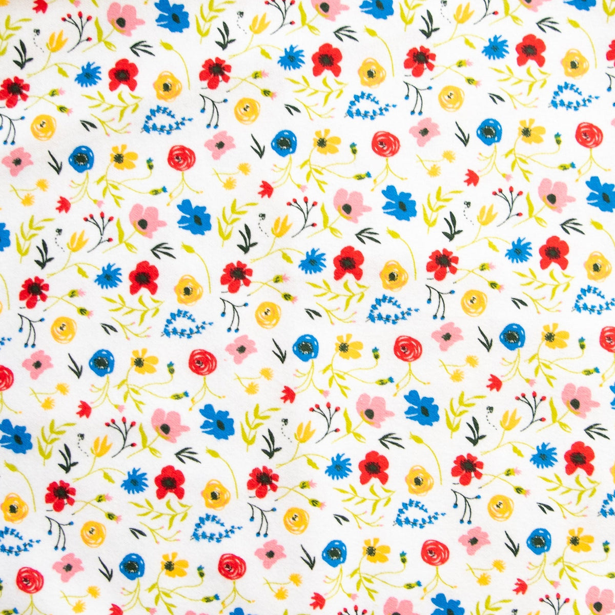 Wildflower print with yellow, pink, red and blue flowers and leaves