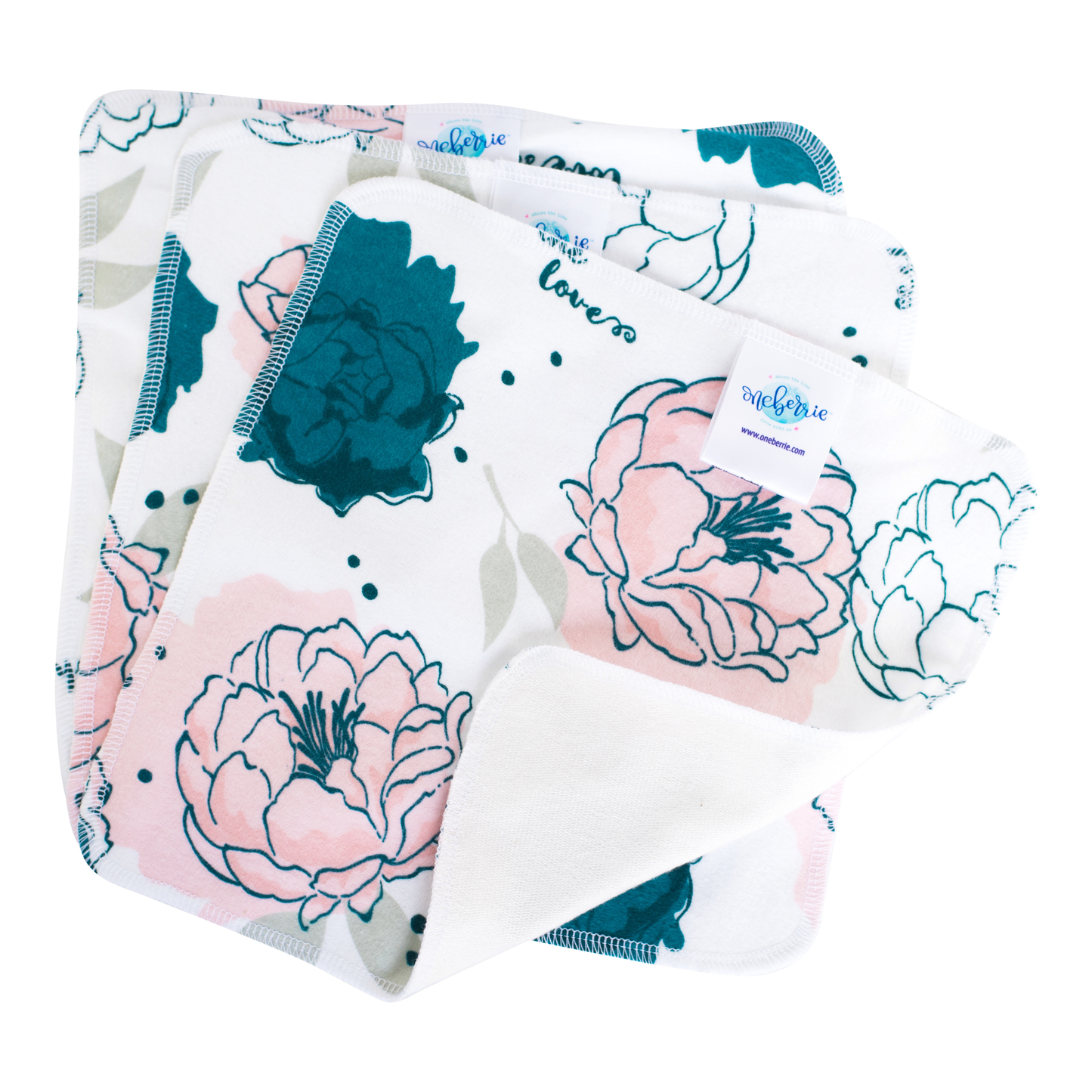 large teal and pink peony print on a white background 
