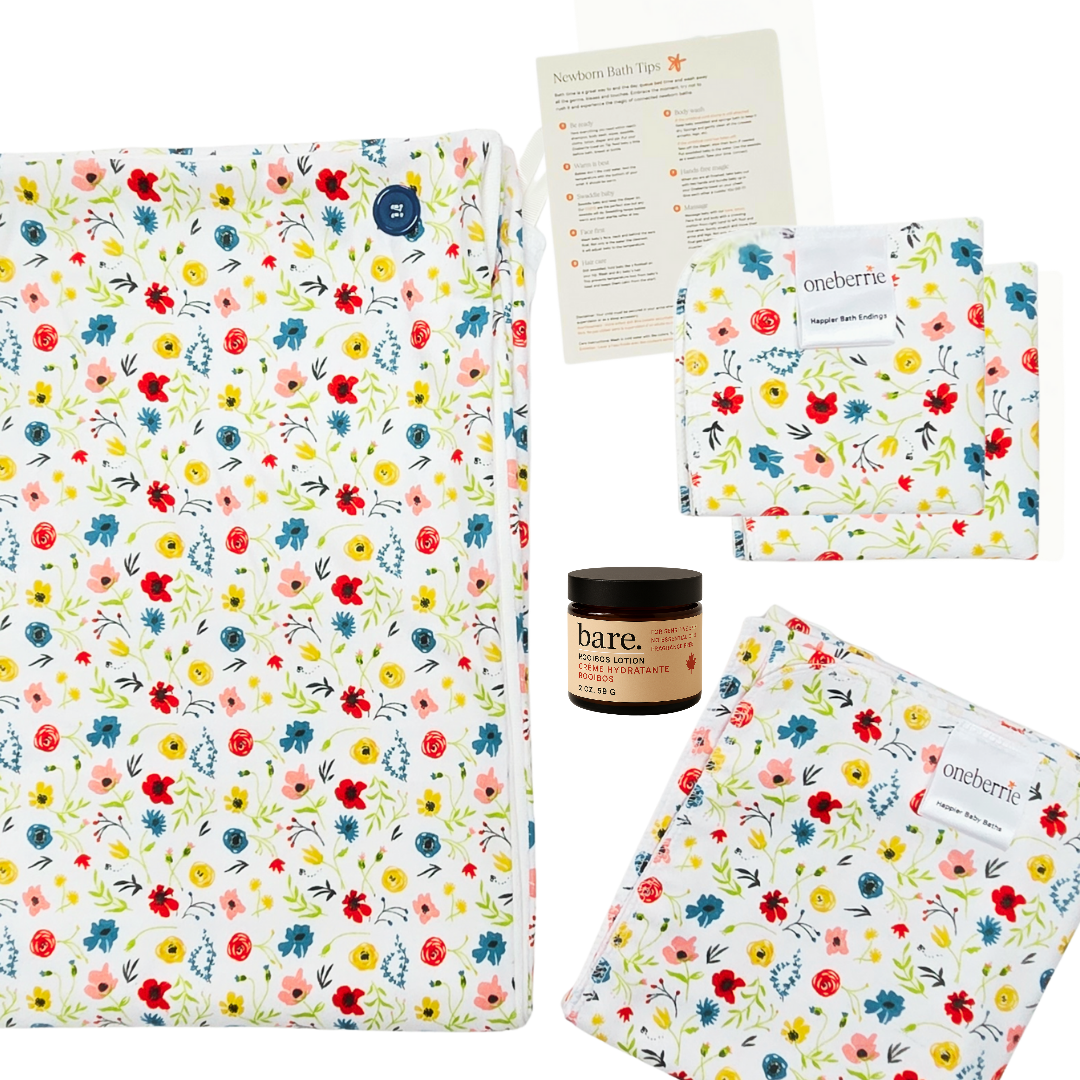 Floral-patterned products including a hands free towel, matching washcloth, wipe and bath swaddle, and a 2oz Bare. Lotion