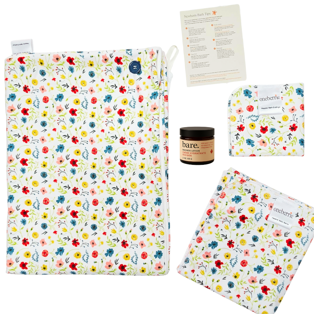 wildflower patterned set on a white background. Set includes towel, washcloth, swaddle, 2oz lotion and card. wild flowers are red, blue, yellow, pink and green detail. 
